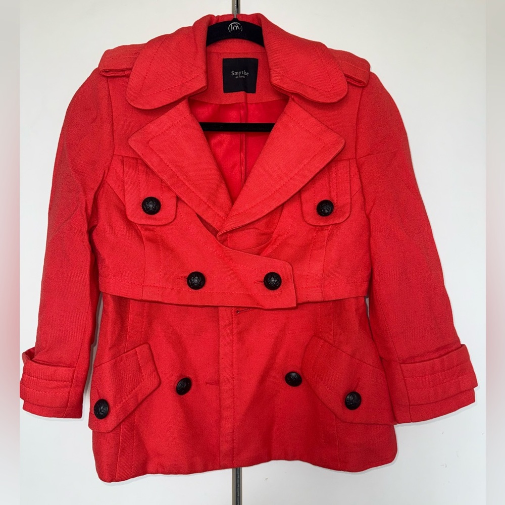 Smythe Coral Red Pea Coat with Double-Breasted Design